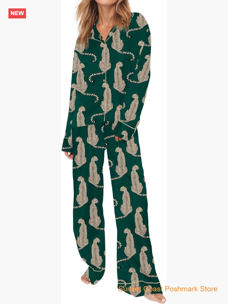 Satin Pajama Set Long Sleeve Button Down Pjs 2 Piece Loungewear Sleepwear